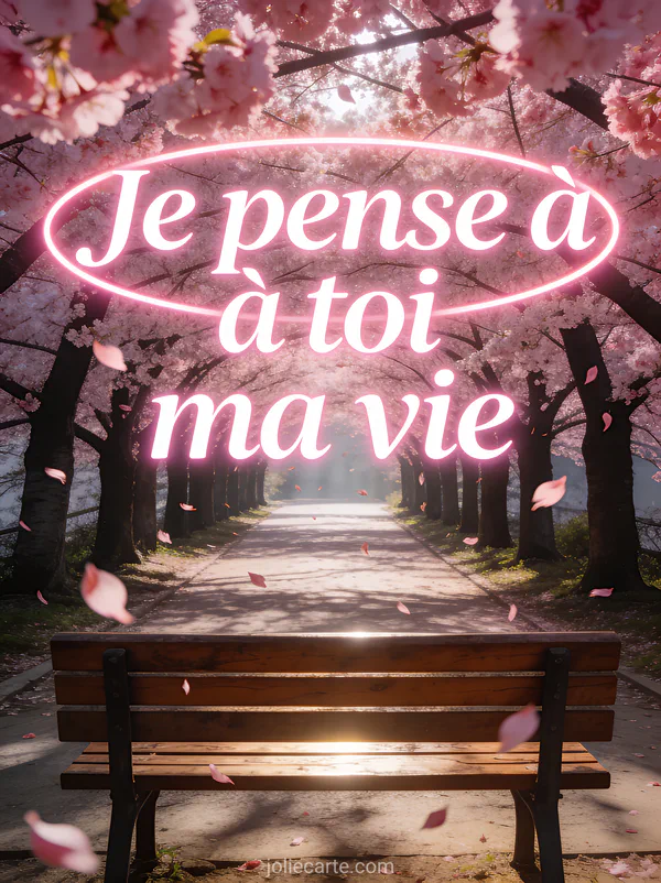 Allée de cerisiers en fleurs formant un tunnel rose avec pétales volants et banc en bois et le texte Je pense à toi ma vie