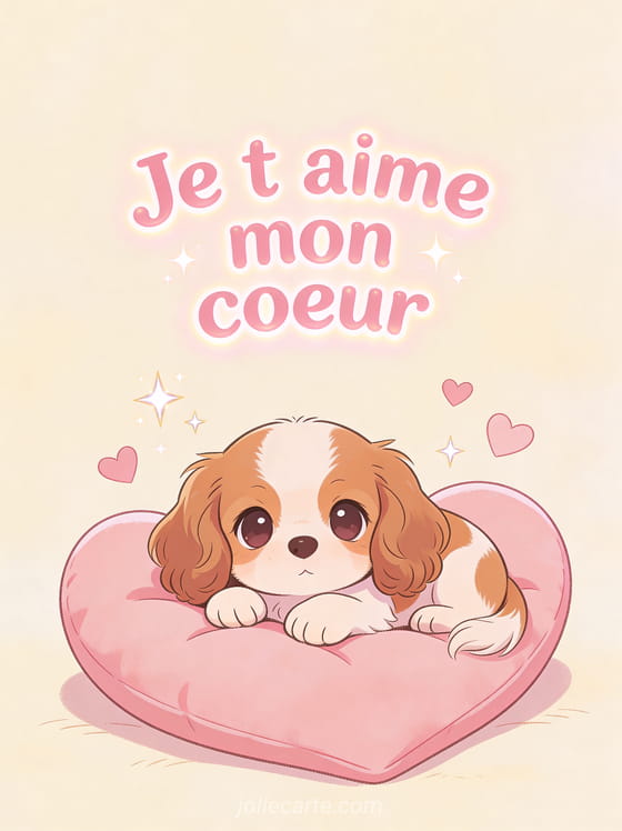 Chien cavalier king charles aux grands yeux doux sur un coussin cœur rose avec étoiles scintillantes et le texte Je t'aime mon cœur