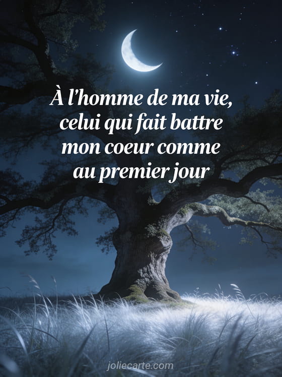 Chêne majestueux sous ciel étoilé avec lune en croissant et herbe argentée et le texte L'homme de ma vie