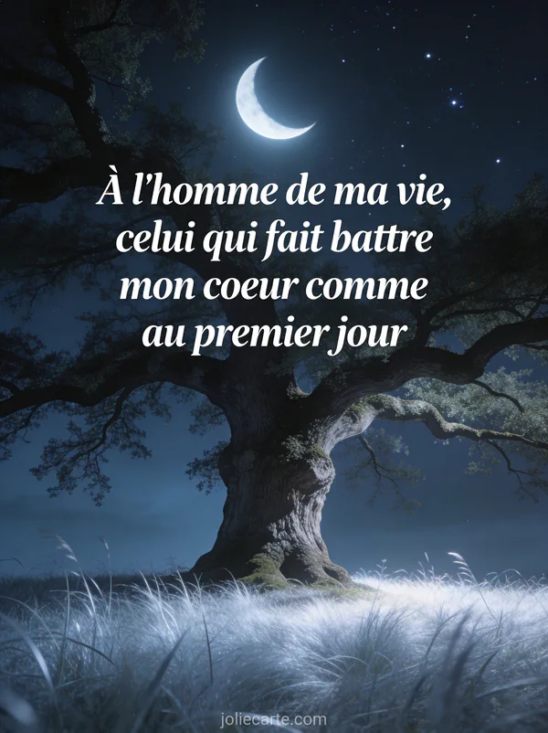 Chêne majestueux sous ciel étoilé avec lune en croissant et herbe argentée et le texte L'homme de ma vie