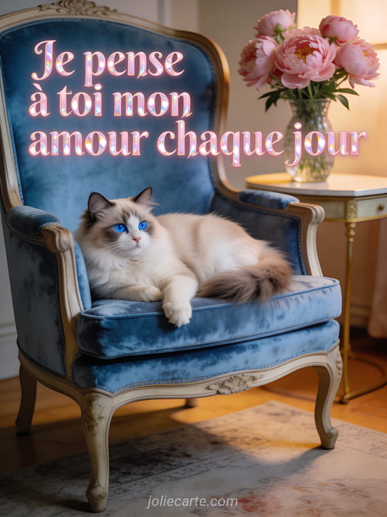 Chat ragdoll aux yeux bleus dans un fauteuil vintage bleu avec pivoines roses et le texte Je pense à toi mon amour chaque jour