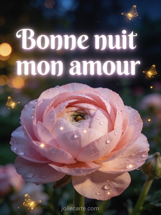 Renoncule rose pâle avec gouttes de rosée dans un jardin nocturne illuminé de lucioles dorées et le texte Tu rends mes nuits plus belles