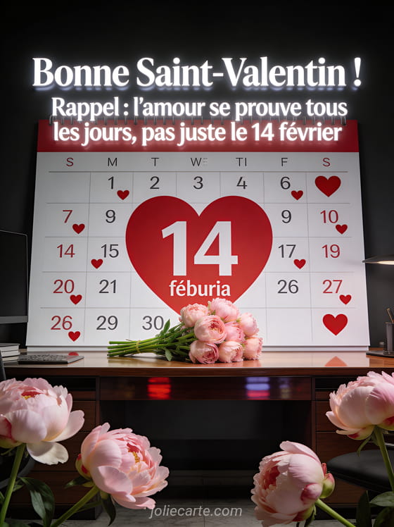 Calendrier avec le 14 février entouré d'un cœur et tous les autres jours avec petits cœurs bouquet de pivoines devant et le texte L'amour se prouve tous les jours