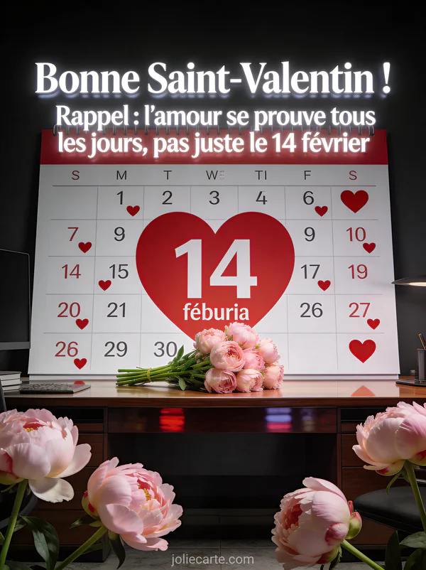 Calendrier avec le 14 février entouré d'un cœur et tous les autres jours avec petits cœurs bouquet de pivoines devant et le texte L'amour se prouve tous les jours