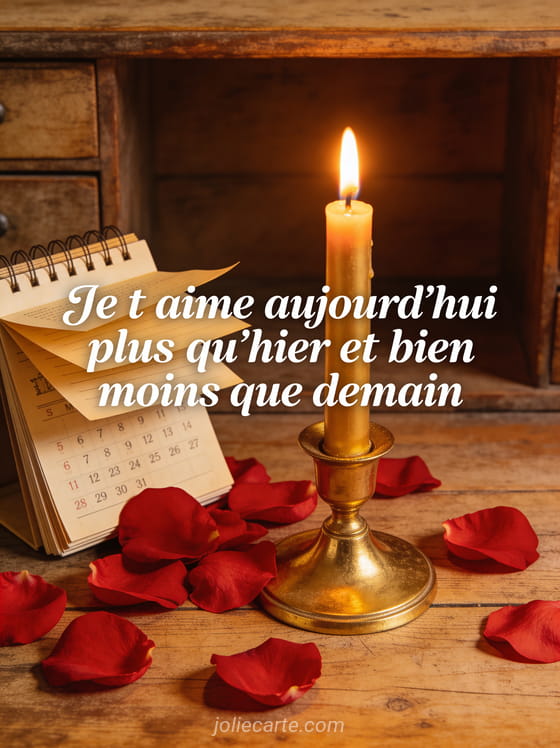 Calendrier vintage aux pages s'envolant avec pétales de rose et bougeoir doré sur bureau ancien avec le texte Je t'aime plus qu'hier