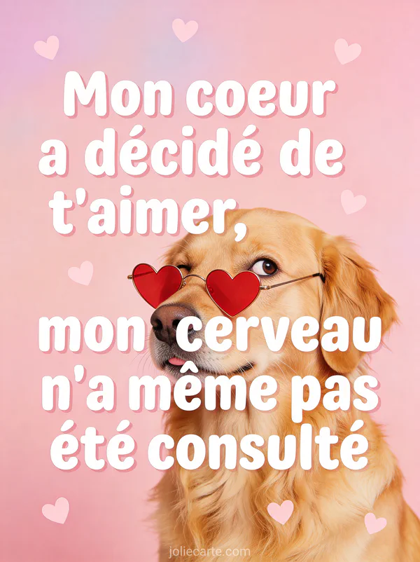Chien golden retriever avec lunettes en forme de cœur et air coquin sur fond rose avec le texte Mon cœur a décidé