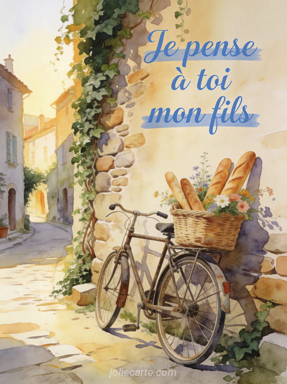 Vélo appuyé contre un mur de pierres avec panier de fleurs sauvages dans un village pittoresque et le texte Je pense à toi mon fils