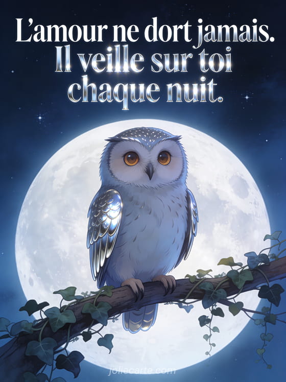 Hibou grand-duc aux yeux ambrés perché sur une branche de lierre sous la pleine lune et le texte Citation amour bonne nuit