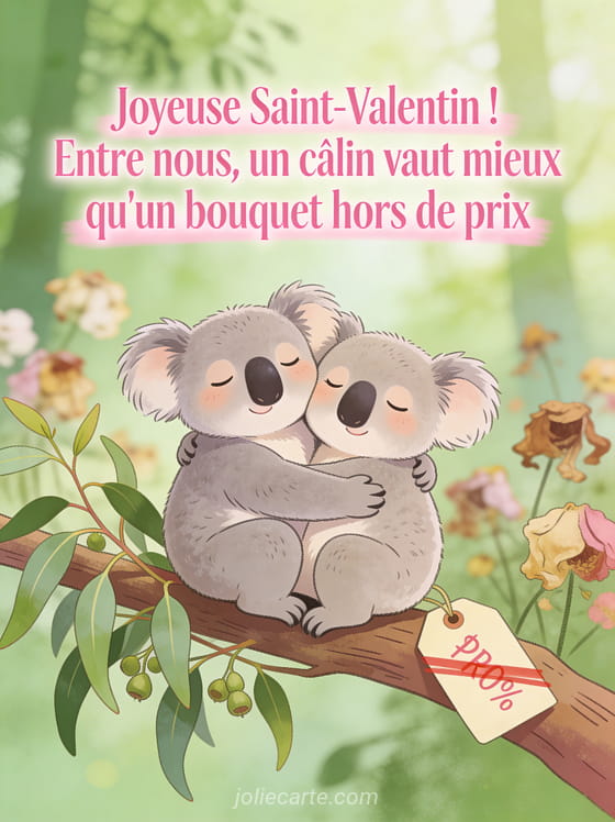 Deux koalas enlacés sur une branche d'eucalyptus avec fleurs fanées en arrière-plan et le texte Un câlin vaut mieux qu'un bouquet hors de prix