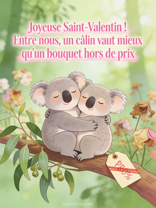 Deux koalas enlacés sur une branche d'eucalyptus avec fleurs fanées en arrière-plan et le texte Un câlin vaut mieux qu'un bouquet hors de prix