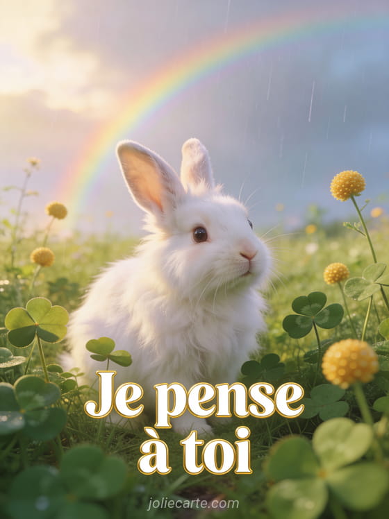 Lapin angora blanc dans un pré de trèfles et boutons d'or avec arc-en-ciel et le texte Je pense à toi