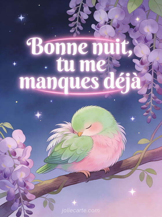 Oiseau inséparable vert et rose endormi sur une branche de glycine sous un ciel étoilé et le texte Bonne nuit