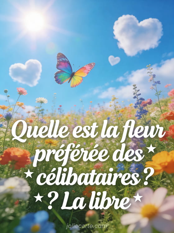 Papillon multicolore volant au-dessus d'un champ de fleurs sauvages avec nuages en forme de cœurs et le texte La fleur préférée des célibataires la libre
