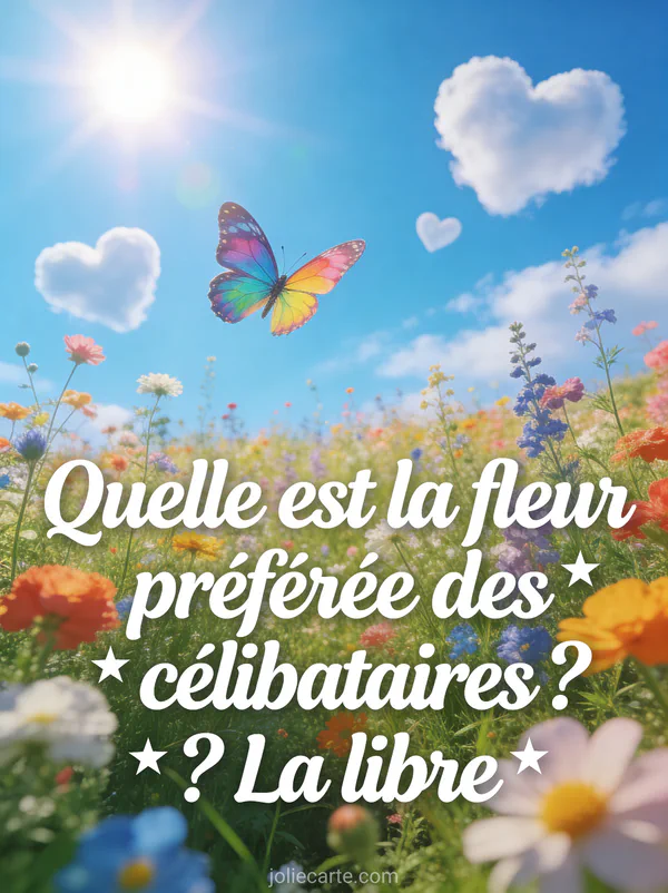 Papillon multicolore volant au-dessus d'un champ de fleurs sauvages avec nuages en forme de cœurs et le texte La fleur préférée des célibataires la libre
