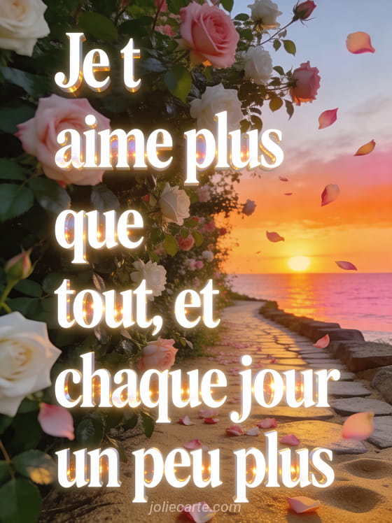 Chemin bordé de rosiers roses et blancs menant vers un coucher de soleil sur la mer avec le texte Je t'aime plus que tout