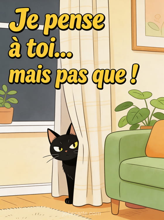 Chat noir au regard malicieux caché derrière un rideau avec fond de salon lumineux et le texte Je pense à toi mais pas que