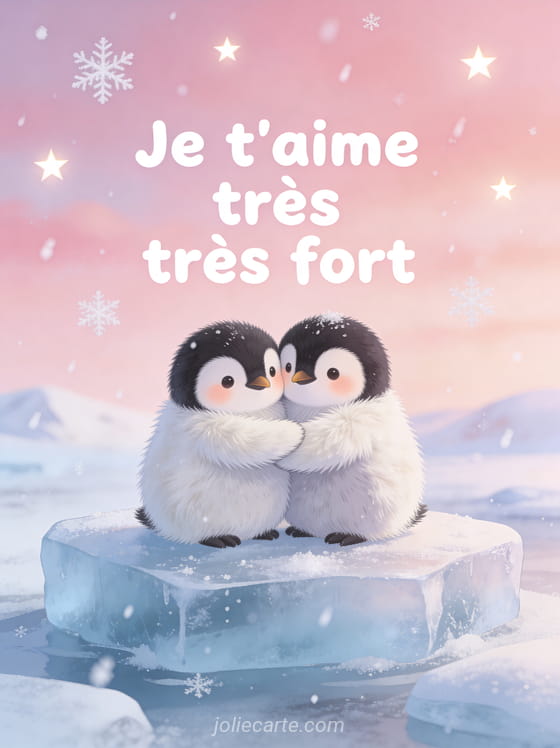 Deux pingouins serrés l'un contre l'autre sur un bloc de glace avec ciel polaire rosé et flocons et le texte Je t'aime très très fort