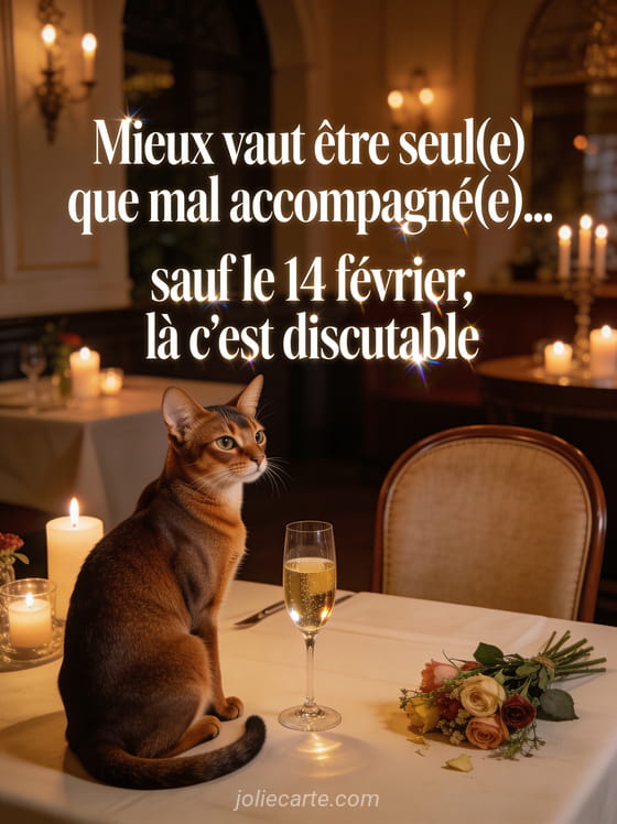 Chat abyssin élégant seul à une table de restaurant avec coupe de champagne chaise vide et bouquet avec le texte Mieux vaut être seul que mal accompagné