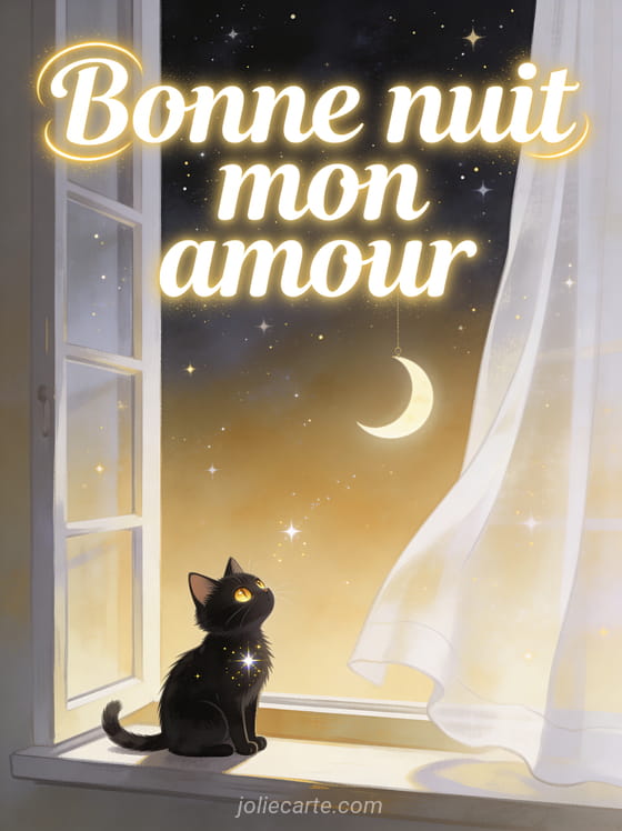 Petit chat noir aux yeux dorés assis sur un rebord de fenêtre sous un ciel étoilé avec le texte Avec toi même les nuits deviennent lumineuses