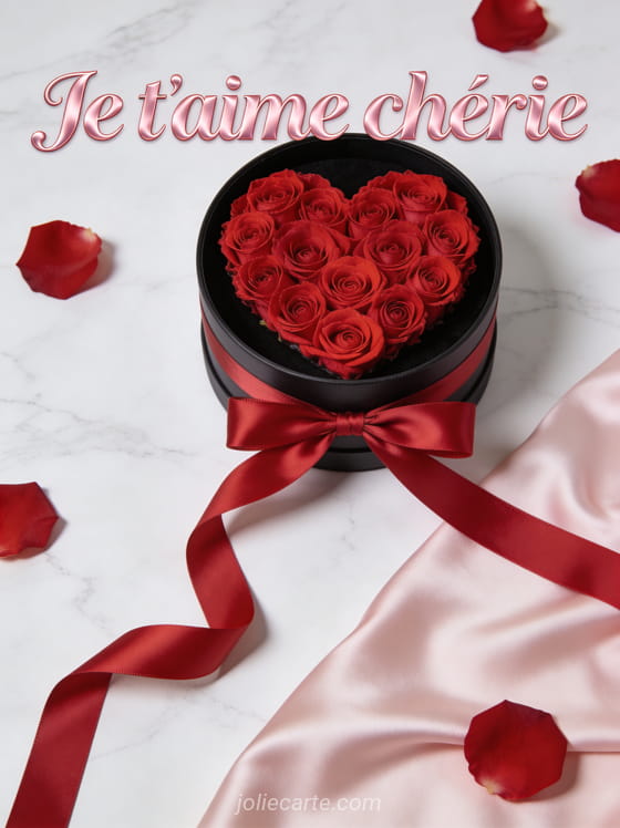 Roses rouges disposées en forme de cœur dans une boîte ronde noire avec ruban satin sur fond marbre et le texte Je t'aime chérie