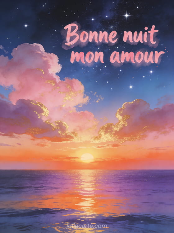Coucher de soleil se transformant en nuit étoilée au-dessus de la mer calme et le texte Bonne nuit mon amour