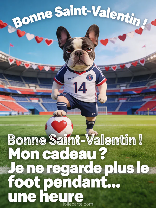 Chien bulldog français en maillot numéro 14 avec un ballon en forme de cœur sur un terrain de foot avec le texte Plus de foot pendant une heure