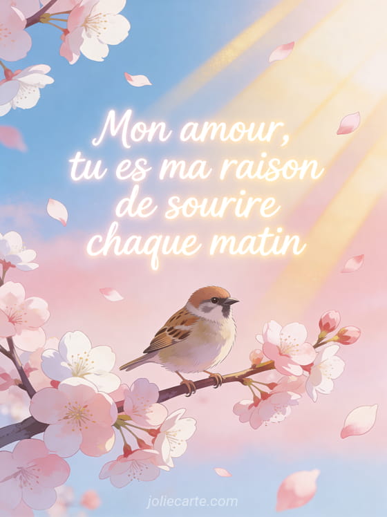 Moineau sur une branche de prunier en fleurs roses avec ciel matinal et rayons dorés et le texte Tu es ma raison de sourire chaque matin