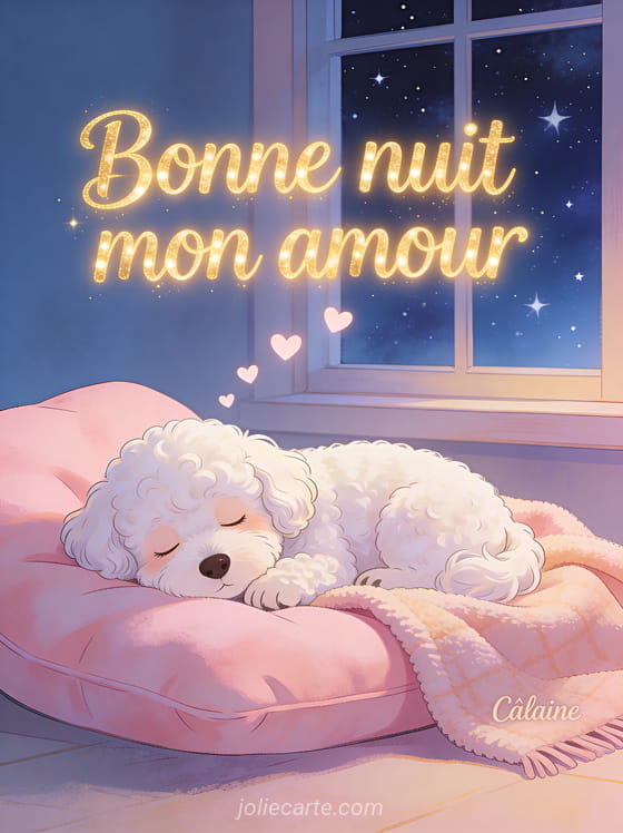 Bichon frisé blanc endormi sur un coussin rose avec petits cœurs flottants et ciel étoilé et le texte Bonne nuit