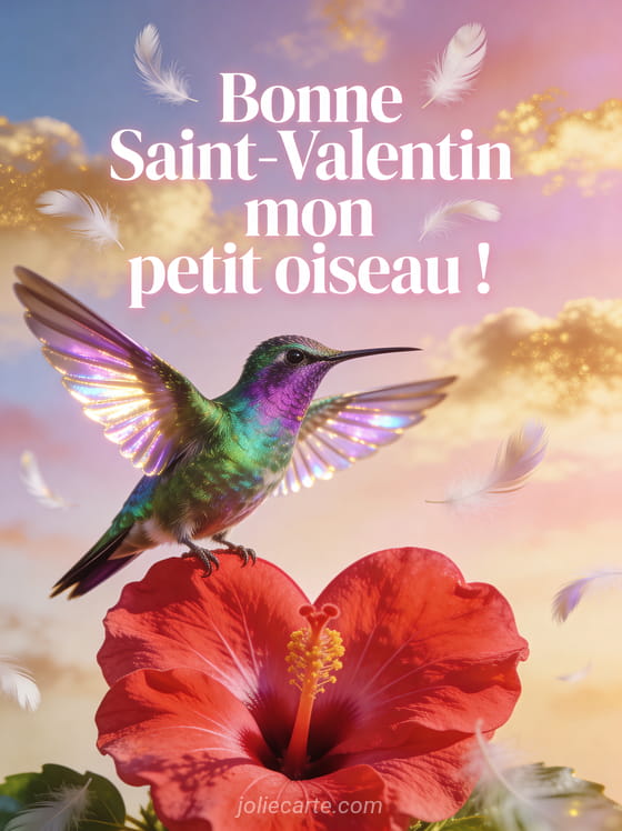 Colibri irisé vert et violet en vol devant un hibiscus rouge en forme de cœur avec le texte L'amour donne des ailes surtout pour fuir les problèmes
