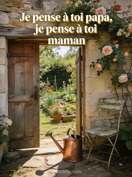 Portail en bois ouvert sur un jardin fleuri avec roses trémières et arrosoir en cuivre et le texte Je pense à toi papa je pense à toi maman