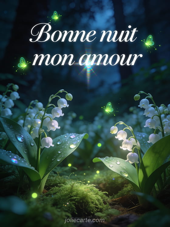Muguet aux clochettes blanches brillant dans une forêt nocturne avec lucioles et le texte Bonne nuit mon amour