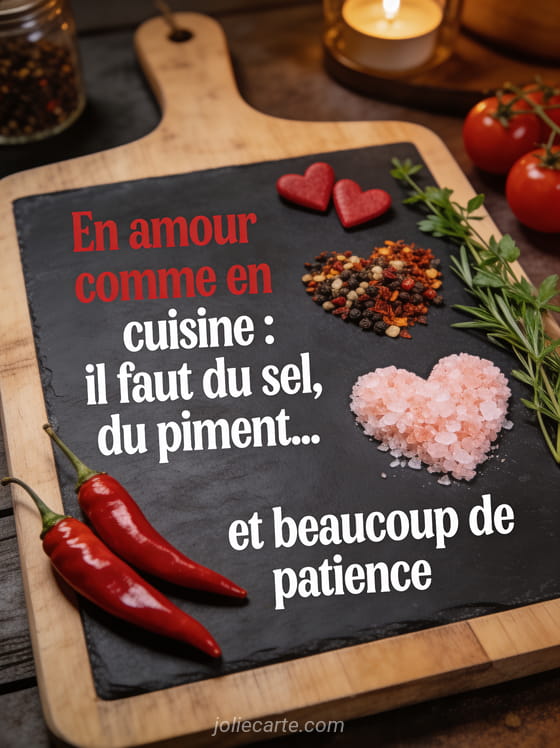 Piments rouges et cœurs sur une planche à découper avec sel rose en forme de cœur et herbes avec le texte En amour comme en cuisine du sel du piment et de la patience
