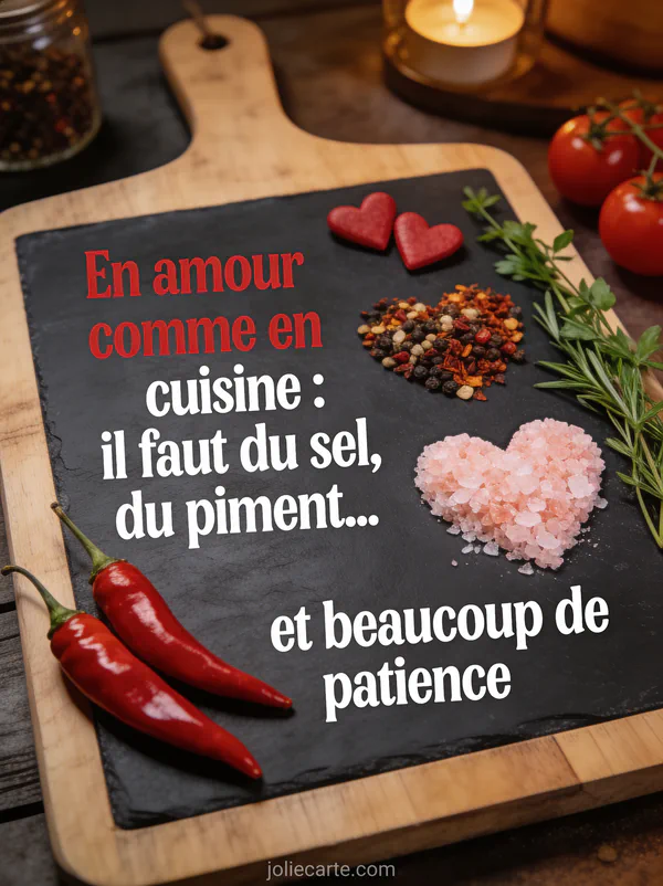 Piments rouges et cœurs sur une planche à découper avec sel rose en forme de cœur et herbes avec le texte En amour comme en cuisine du sel du piment et de la patience