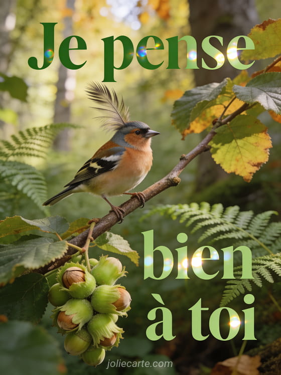 Chardonneret posé sur une branche de noisetier avec noisettes et fougères en sous-bois et le texte Je pense bien à toi