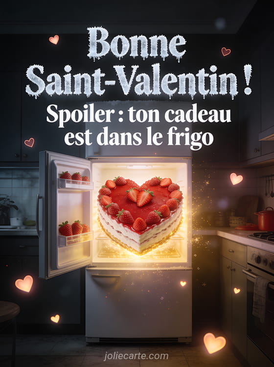 Réfrigérateur ouvert révélant un gâteau en forme de cœur rouge décoré de fraises avec lumière dorée et le texte Ton cadeau est dans le frigo