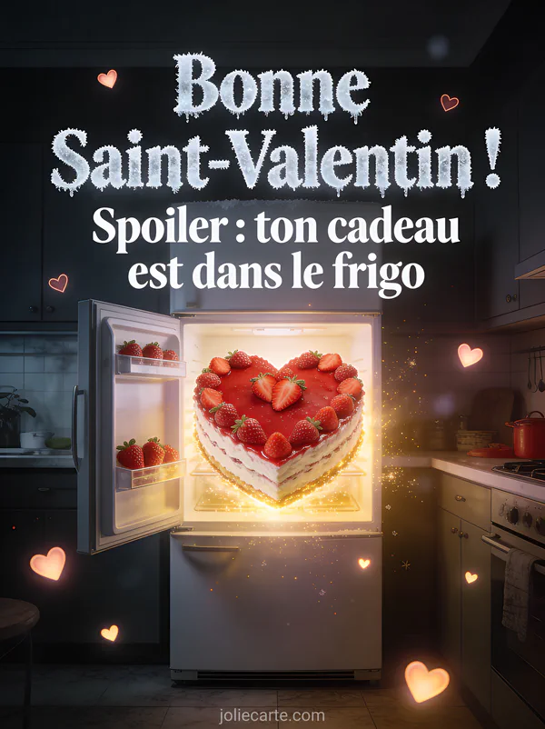 Réfrigérateur ouvert révélant un gâteau en forme de cœur rouge décoré de fraises avec lumière dorée et le texte Ton cadeau est dans le frigo