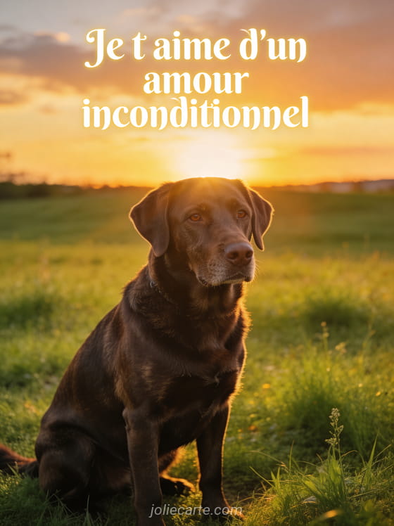 Chien labrador sable assis dans un pré au soleil couchant avec le texte Je t'aime d'un amour inconditionnel