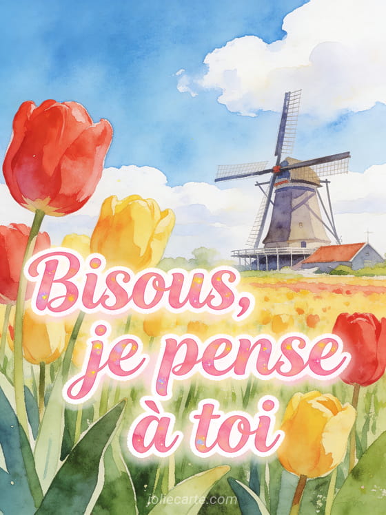 Champ de tulipes rouges et jaunes avec moulin à vent en arrière-plan en aquarelle et le texte Bisous je pense à toi