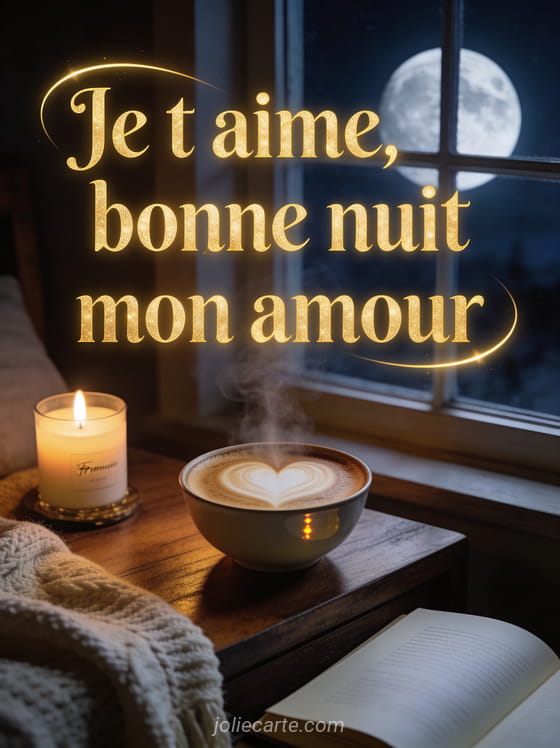Café latte art en forme de cœur sur table de nuit avec bougie allumée, livre ouvert et pleine lune, texte Je t'aime bonne nuit mon amour