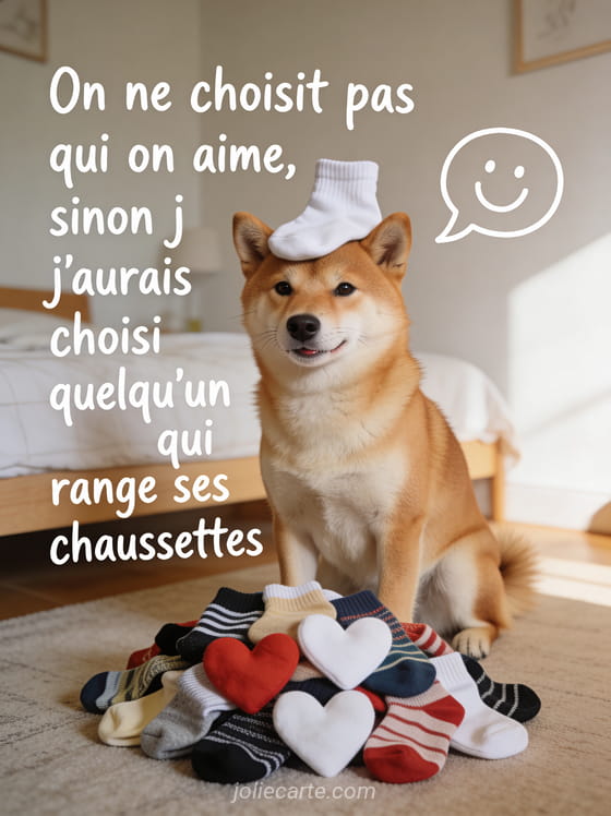 Chien shiba inu avec une chaussette sur la tête à côté d'un tas de chaussettes dépareillées en forme de cœur avec le texte Quelqu'un qui range ses chaussettes