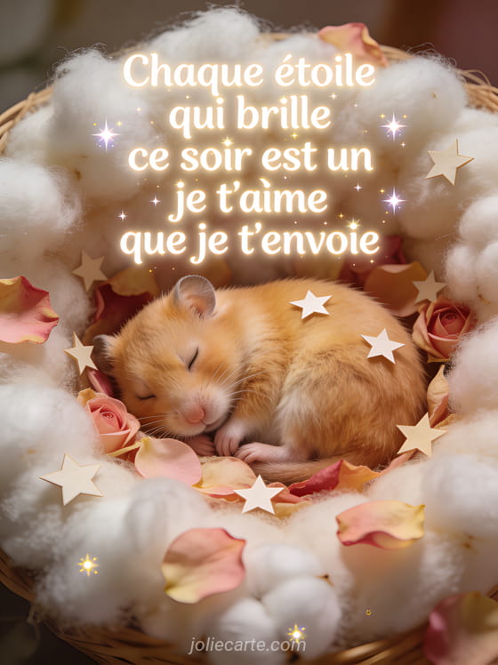 Hamster doré endormi dans un nid de coton et pétales de roses avec étoiles en papier et le texte Bonne nuit