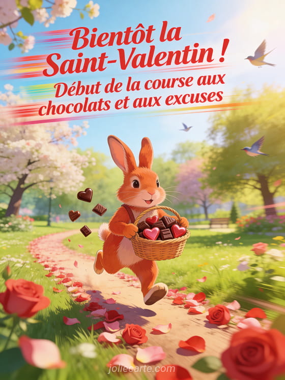 Lapin roux courant avec un panier de chocolats en forme de cœurs dans un parc printanier avec le texte Bientôt la Saint-Valentin course aux chocolats
