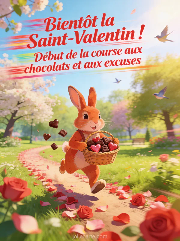 Lapin roux courant avec un panier de chocolats en forme de cœurs dans un parc printanier avec le texte Bientôt la Saint-Valentin course aux chocolats