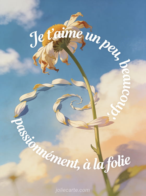 Marguerite effeuillée avec ses pétales formant une spirale et le texte Je t'aime un peu beaucoup passionnément à la folie sur fond de ciel bleu