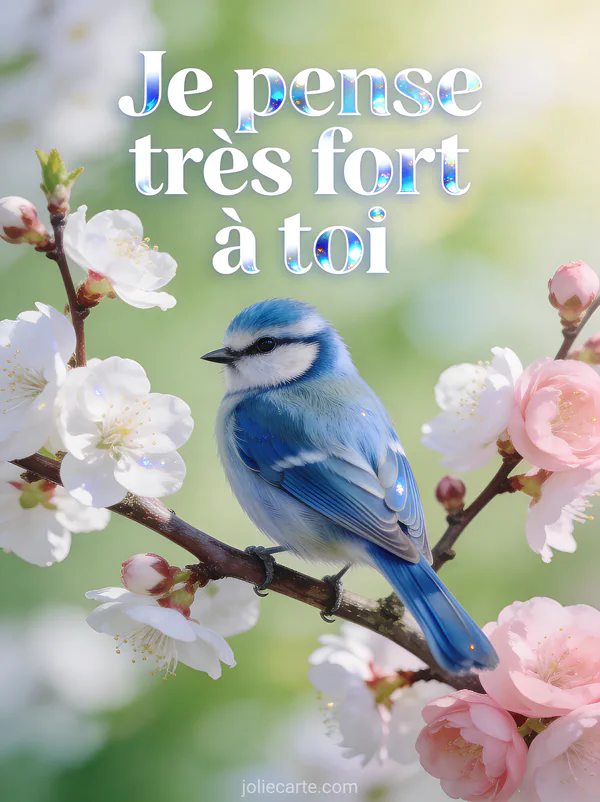 Mésange bleue posée sur une branche de prunier en fleurs avec pétales blancs et roses et le texte Je pense très fort à toi