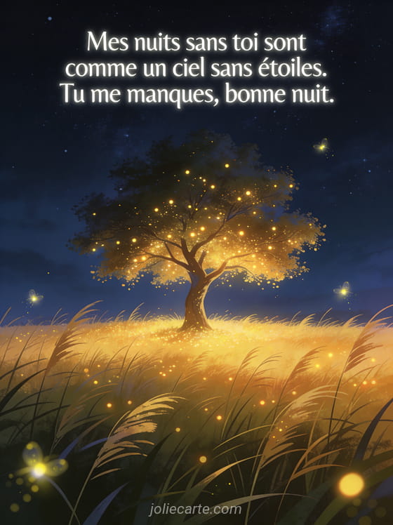 Arbre solitaire illuminé de lumières dorées dans une prairie nocturne sous les étoiles et le texte Bonne nuit