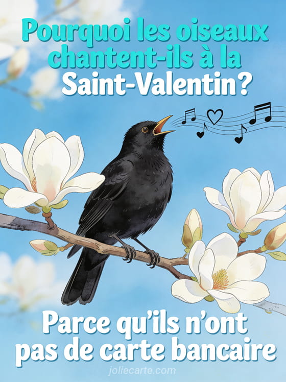 Merle noir chantant sur une branche de magnolia avec des notes de musique en forme de cœurs et le texte Pourquoi les oiseaux chantent pas de carte bancaire