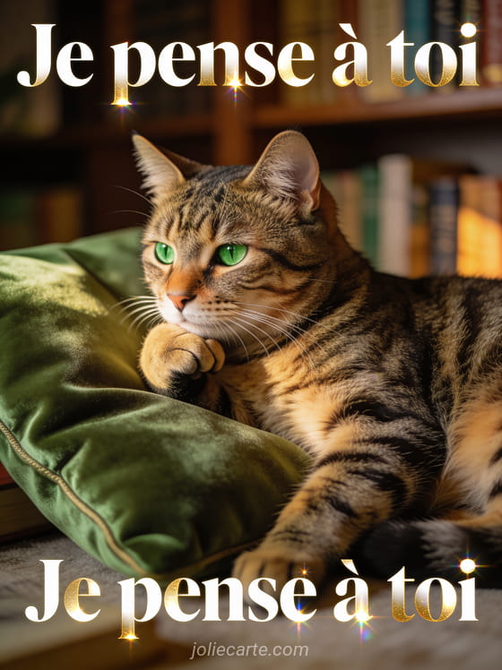 Chat tigré tabby aux yeux verts couché sur un coussin de velours vert avec expression pensive et le texte Je pense à toi