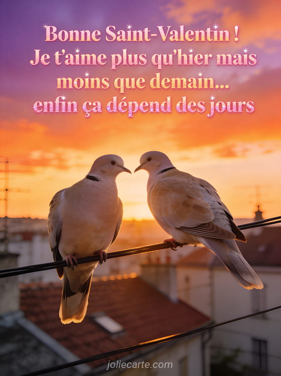 Couple de tourterelles sur un fil électrique au coucher de soleil avec toits et ciel orangé et le texte Je t'aime plus qu'hier ça dépend des jours