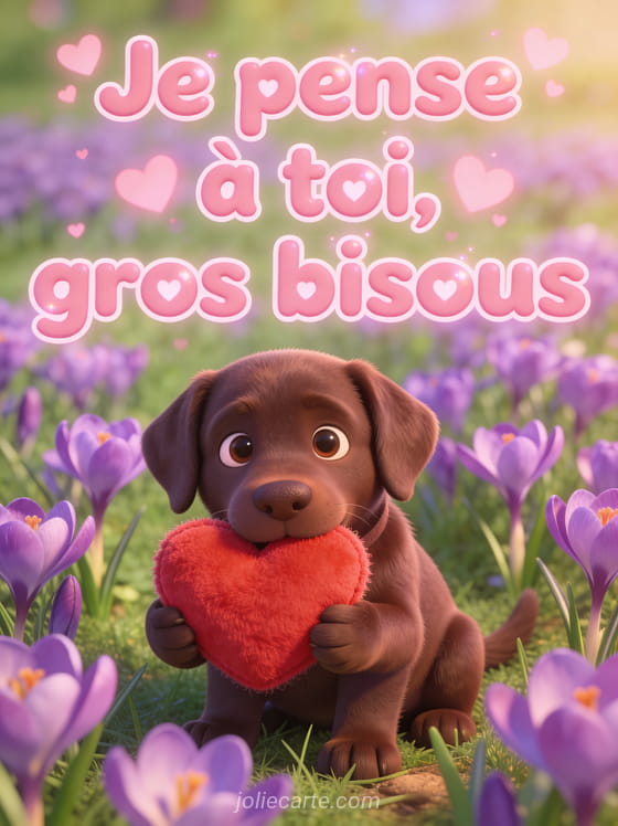 Chiot labrador chocolat tenant un cœur rouge en peluche dans un champ de crocus violets et le texte Je pense à toi gros bisous